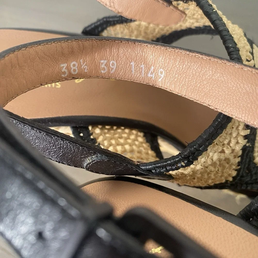 NWOT Robert Clergerie Woven Raffia‎ Wedge Sandal in Natural/Black Sz 8 $550